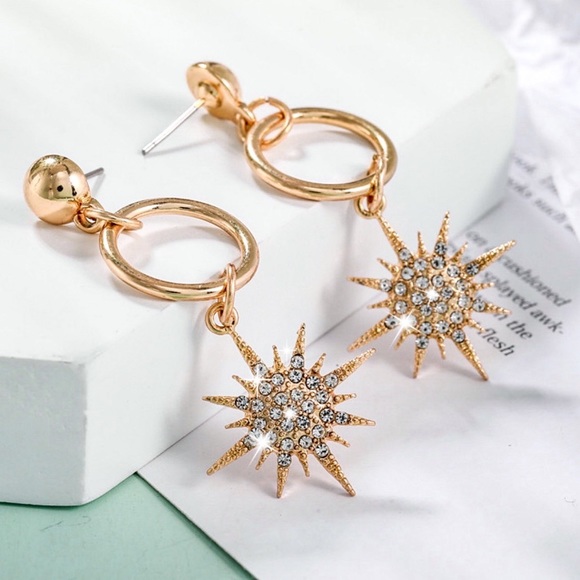 Any 2/$20! Gold Crystal Starburst Drop Earrings - Picture 3 of 6